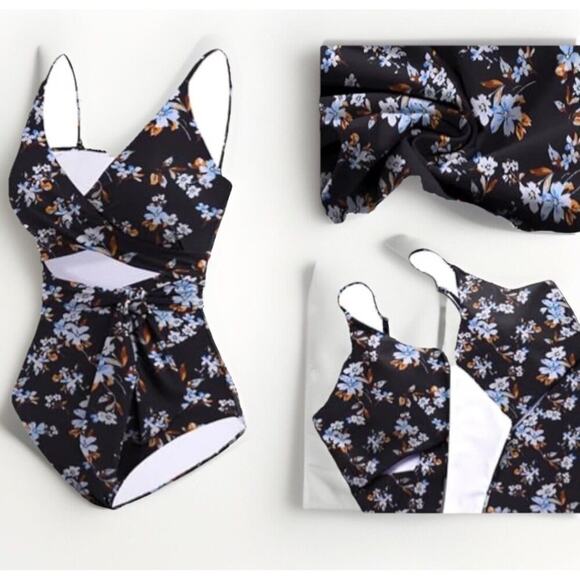 AIMAGE Womens One-Piece Swimsuit Large Floral Wrap Crisscross High Waist - Picture 2 of 9
